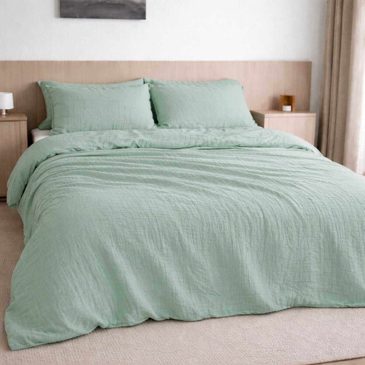 Drap housse bonnet:30cm 100% gaze de coton lavé vert givrée