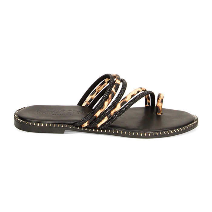Sandalias planas mujer negras leopardo con piedras