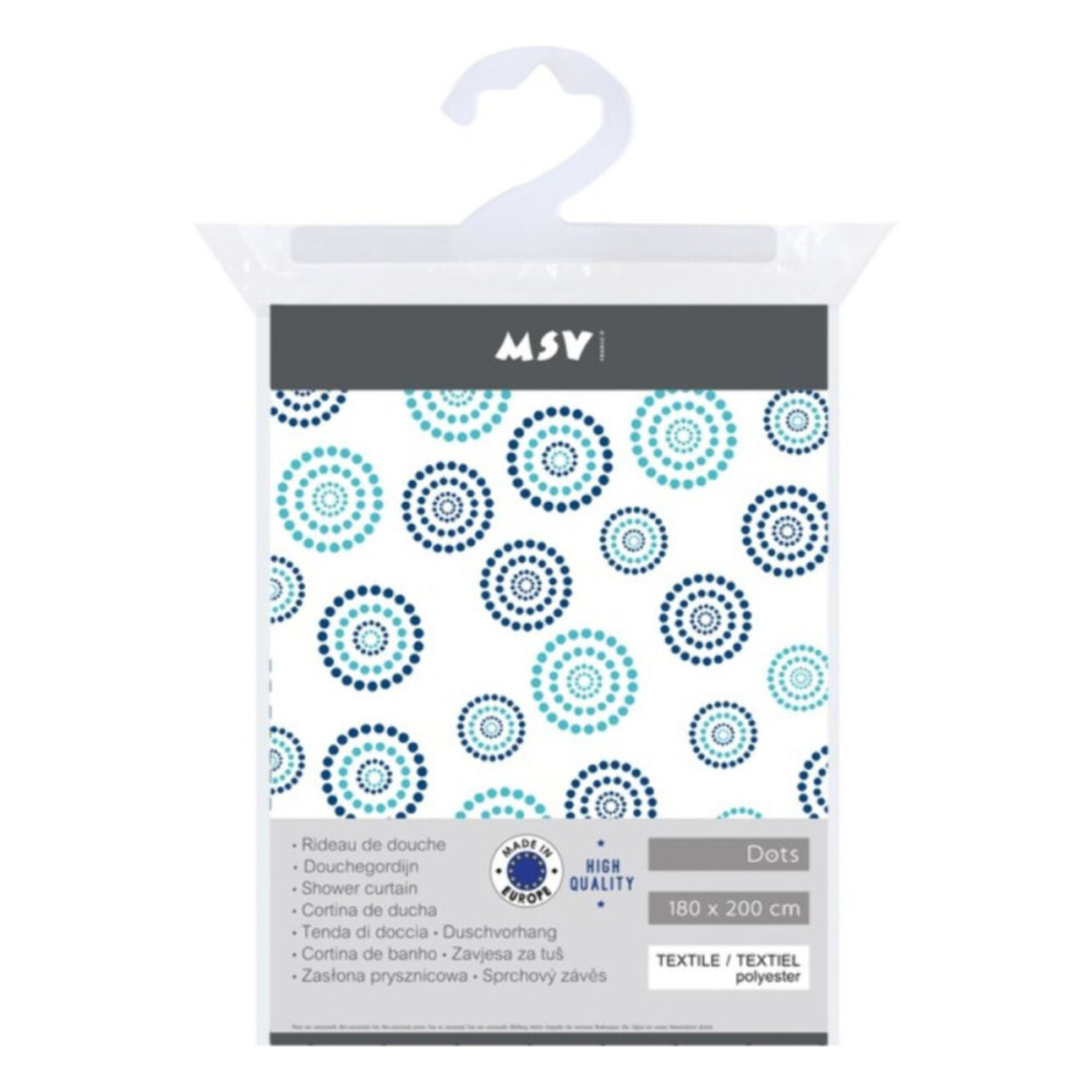 Rideau de douche Polyester DOTS 180x200cm QUALITE PREMIUM Bleu - Anneaux inclus MSV