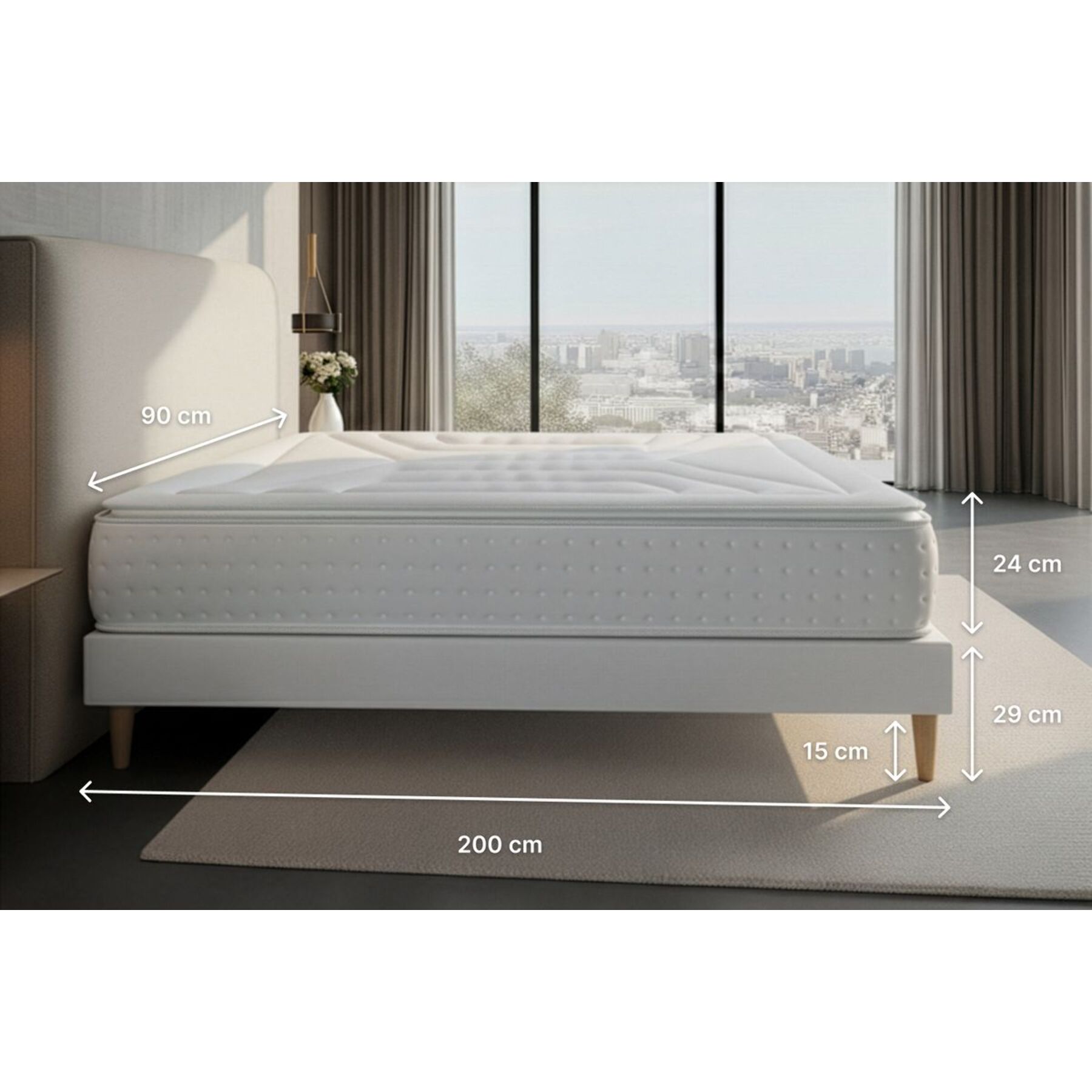 Ensemble Matelas Vingt-Quatre PLUS - 24cm - Ressorts ensachés et mémoire de forme - Confort hôtelier - Sommier kit Gris