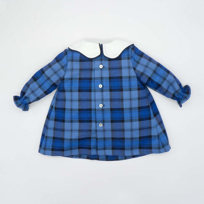 Vestido cuadros azules con cuello nube blanco