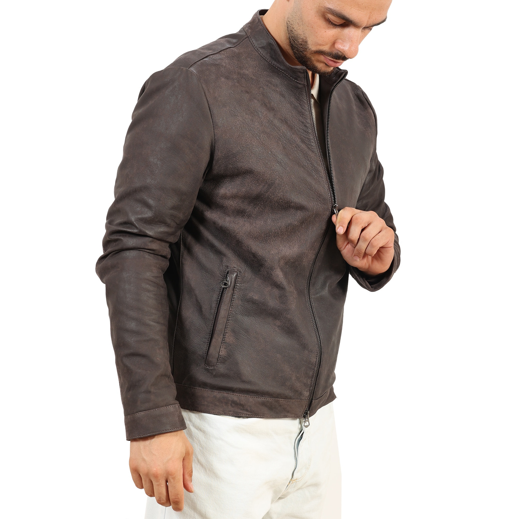 Giubbino in pelle di vitello rifinizione dakota testa di Moro-Slim Fit