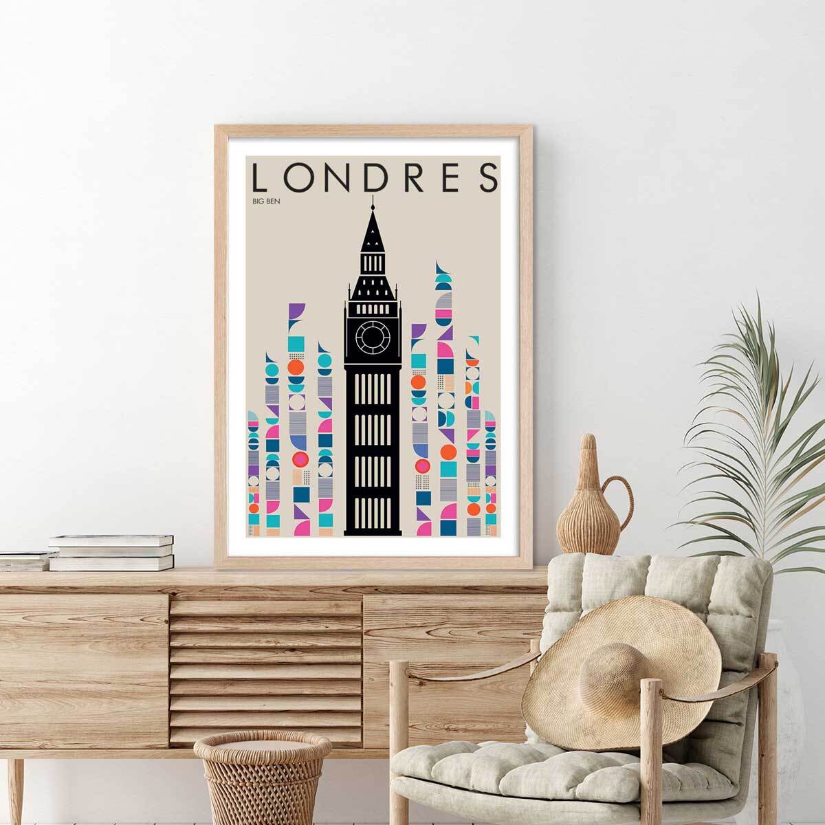 Affiche london big ben retro Affiche + cadre en bois - Chêne