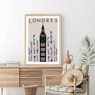 Affiche london big ben retro Affiche + cadre en bois - Chêne