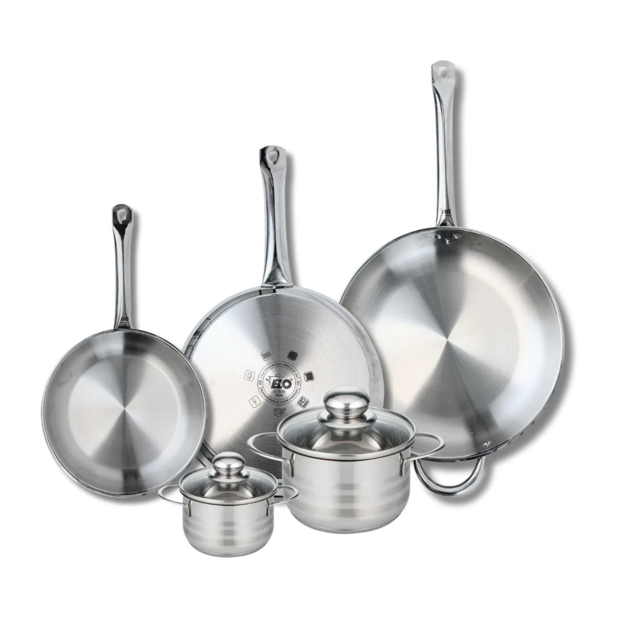 Ensemble de 3 Poêles de cuisson 24, 28 et 32 cm et 2 faitouts 12 et 16 cm Elo Profi Brillant