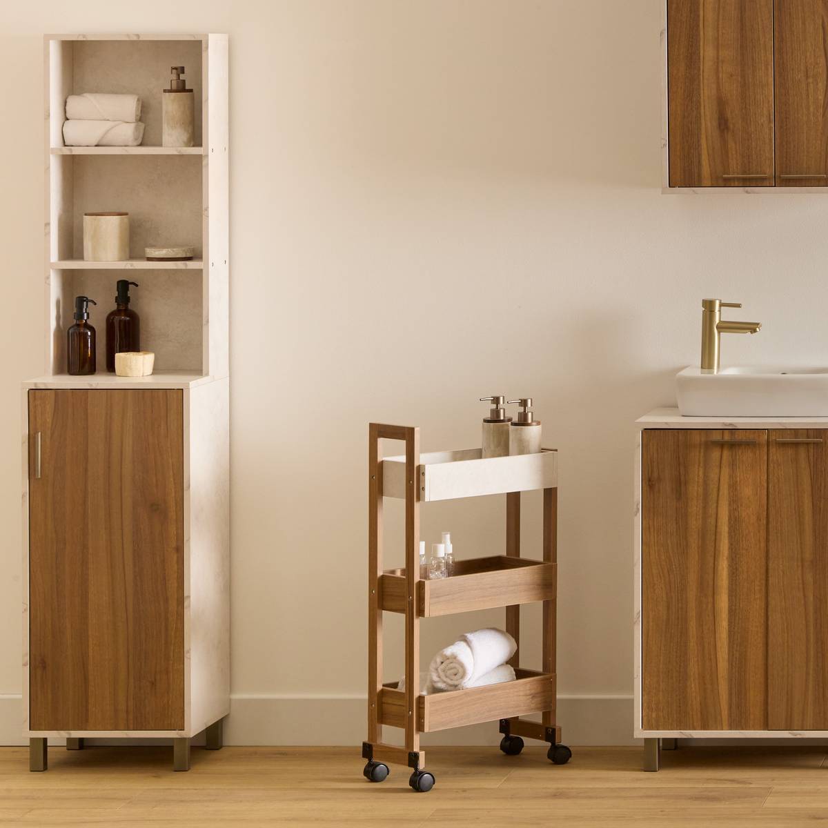 Desserte 3 niveaux Come L20cm bois et effet marbre