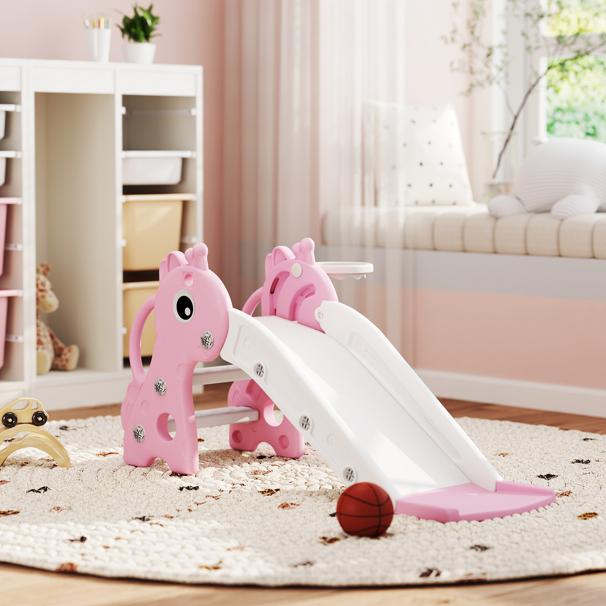 Toboggan enfant design girafon - panier de basket-ball intégré - ballon, pompe inclus - plastique rose blanc