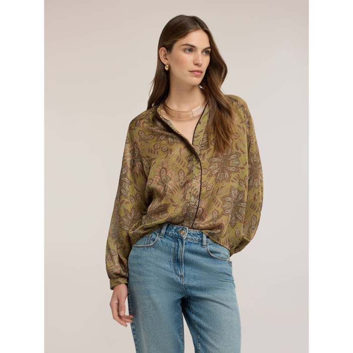 Motivi - Blusa in raso con stampa e maniche a palloncino - Verde militare