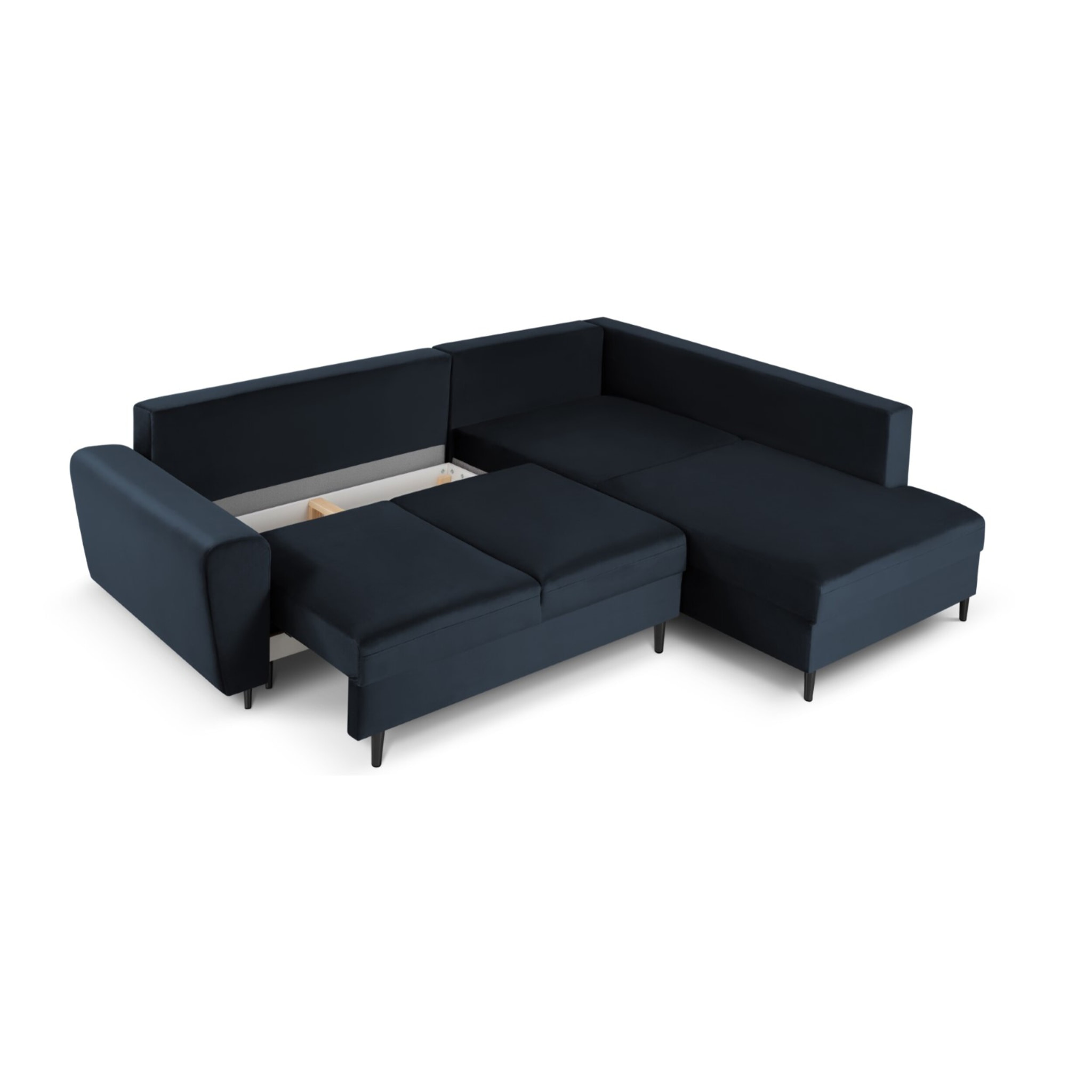 Canapé d'angle droit convertible avec coffre de rangement "Kyoto" 5 places en velours bleu foncé