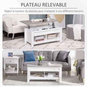 Table basse rectangulaire plateau relevable 2 niches et coffre panneaux particules blanc aspect marbre