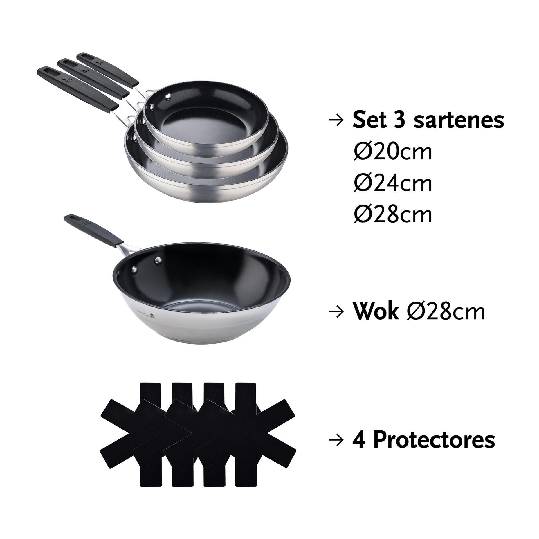 Juego de 3 sartenes ø20ø24ø28cm y wok ø28cm en aluminio forjado + 4 protectores smart masterpro