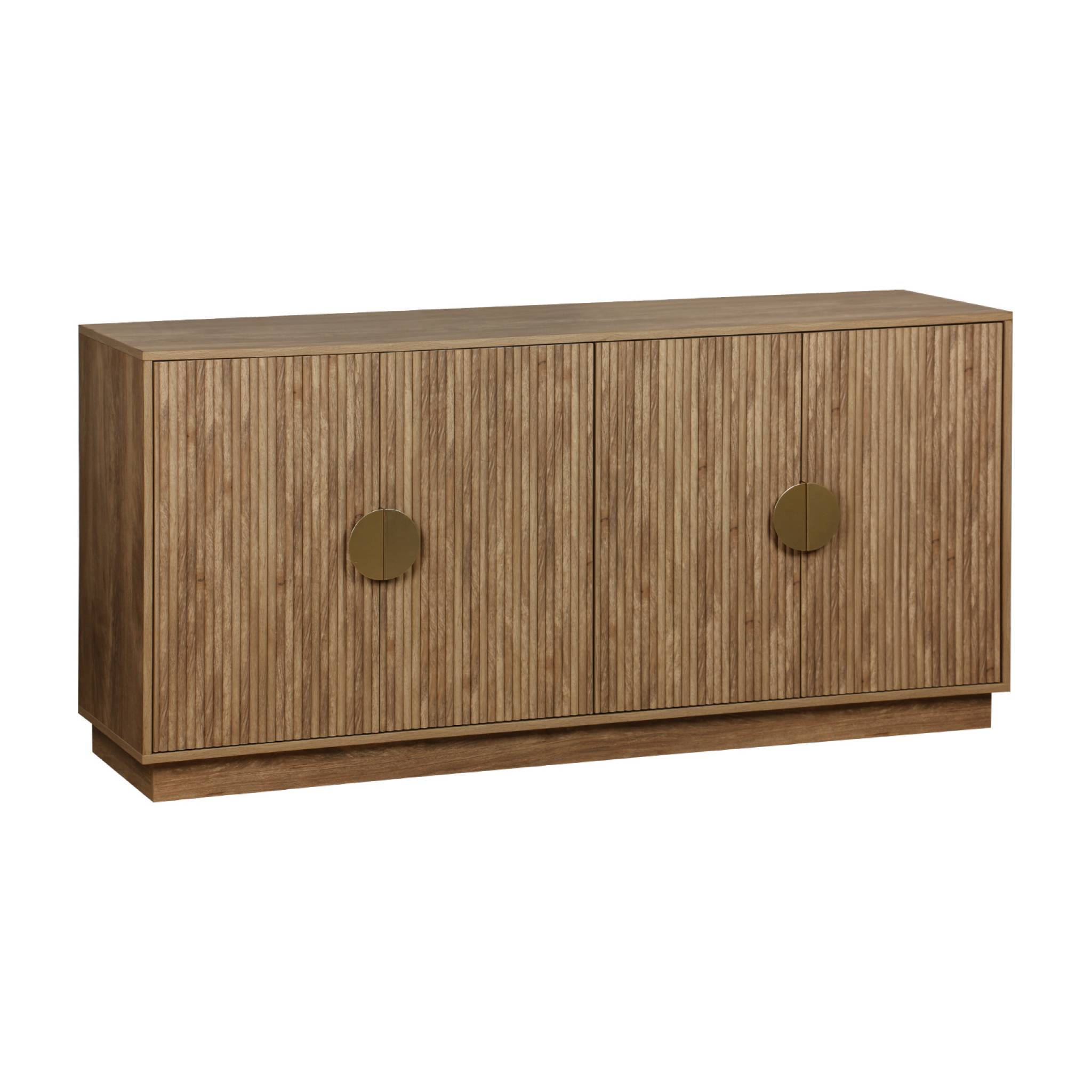 Buffet exotique 4 portes. effet bois de manguier rainuré. buffet bas. poignées en métal doré. L 160 x P 40 x H 75cm