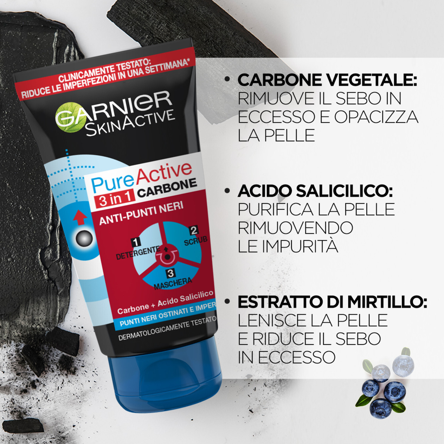2x Trattamento Viso 3in1 Detergente Scrub Maschera Anti Punti Neri SkinActive Pure Active con Carbone ed Acido Salicilico - 2 Flaconi da 150ml