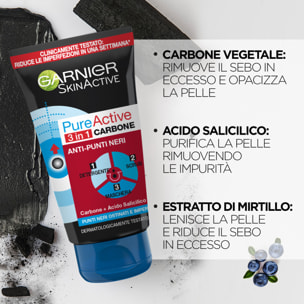 2x Trattamento Viso 3in1 Detergente Scrub Maschera Anti Punti Neri SkinActive Pure Active con Carbone ed Acido Salicilico - 2 Flaconi da 150ml