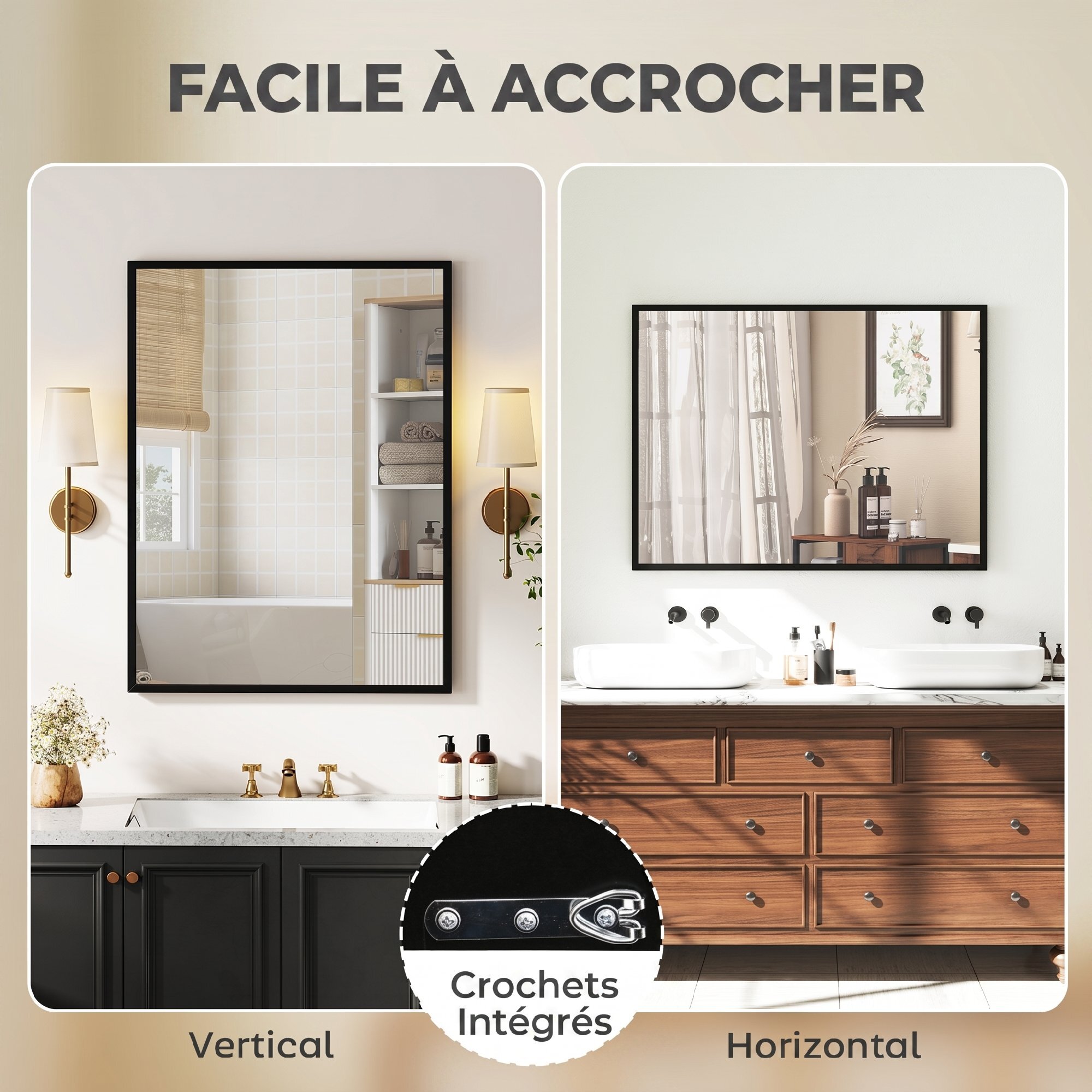Miroir mural rectangulaire dim. 76L x 101H cm cadre MDF noir
