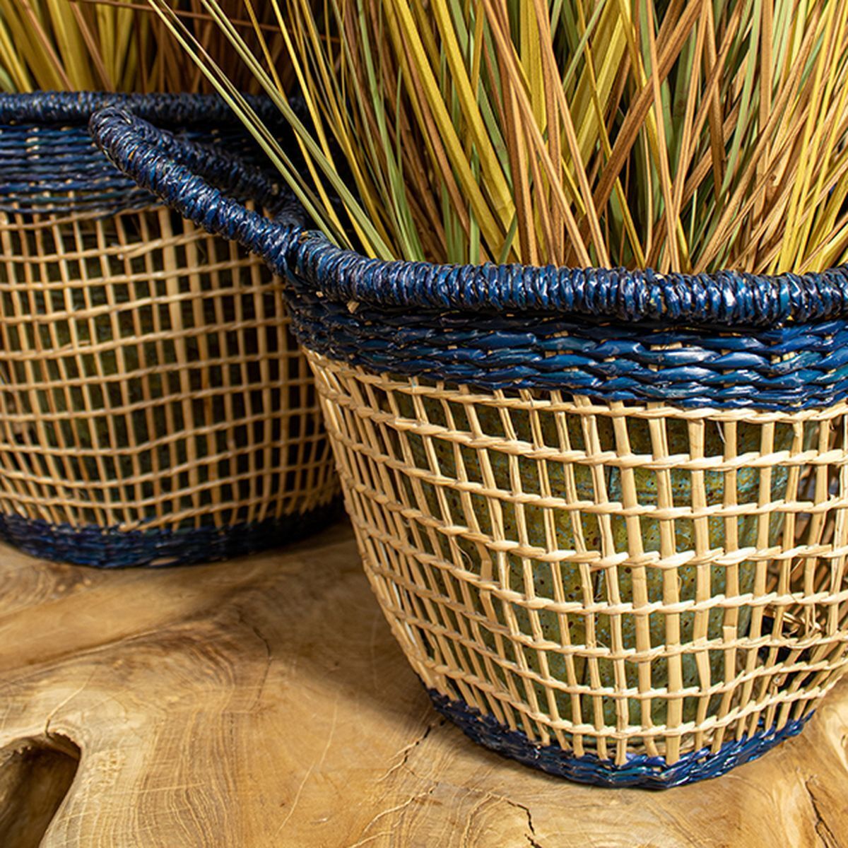 SET DE 3 PANIERS NATUREL &BLEU EN SEAGRASS DIA35X 28/32X26/29X24CM