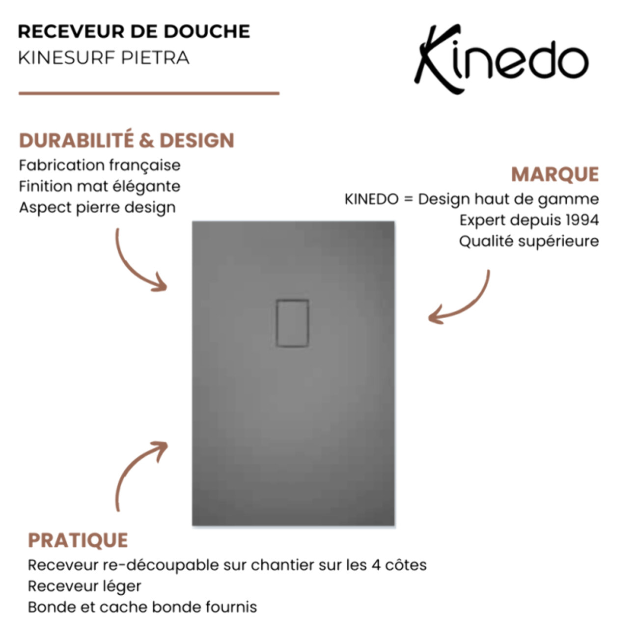 Receveur Kinesurf Pietra découpable 180x80 noir aspect pierre avec cache-bonde assorti et bonde extra-plate