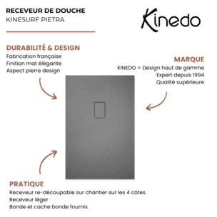 Receveur Kinesurf Pietra découpable 180x80 noir aspect pierre avec cache-bonde assorti et bonde extra-plate