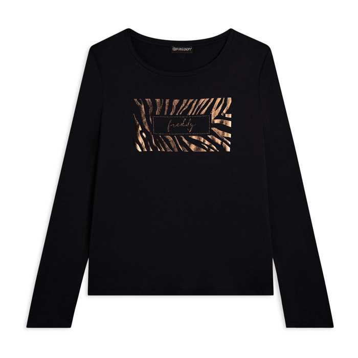 T-shirt donna manica lunga con logo strass