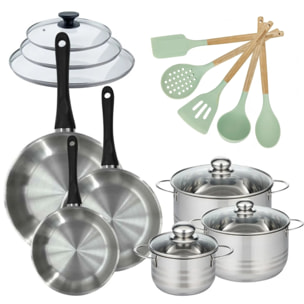 Lot de 3 Poêles 20/24/28cm et 3 Faitouts 16/20/24cm Fackelmann Généva avec 5 ustensiles