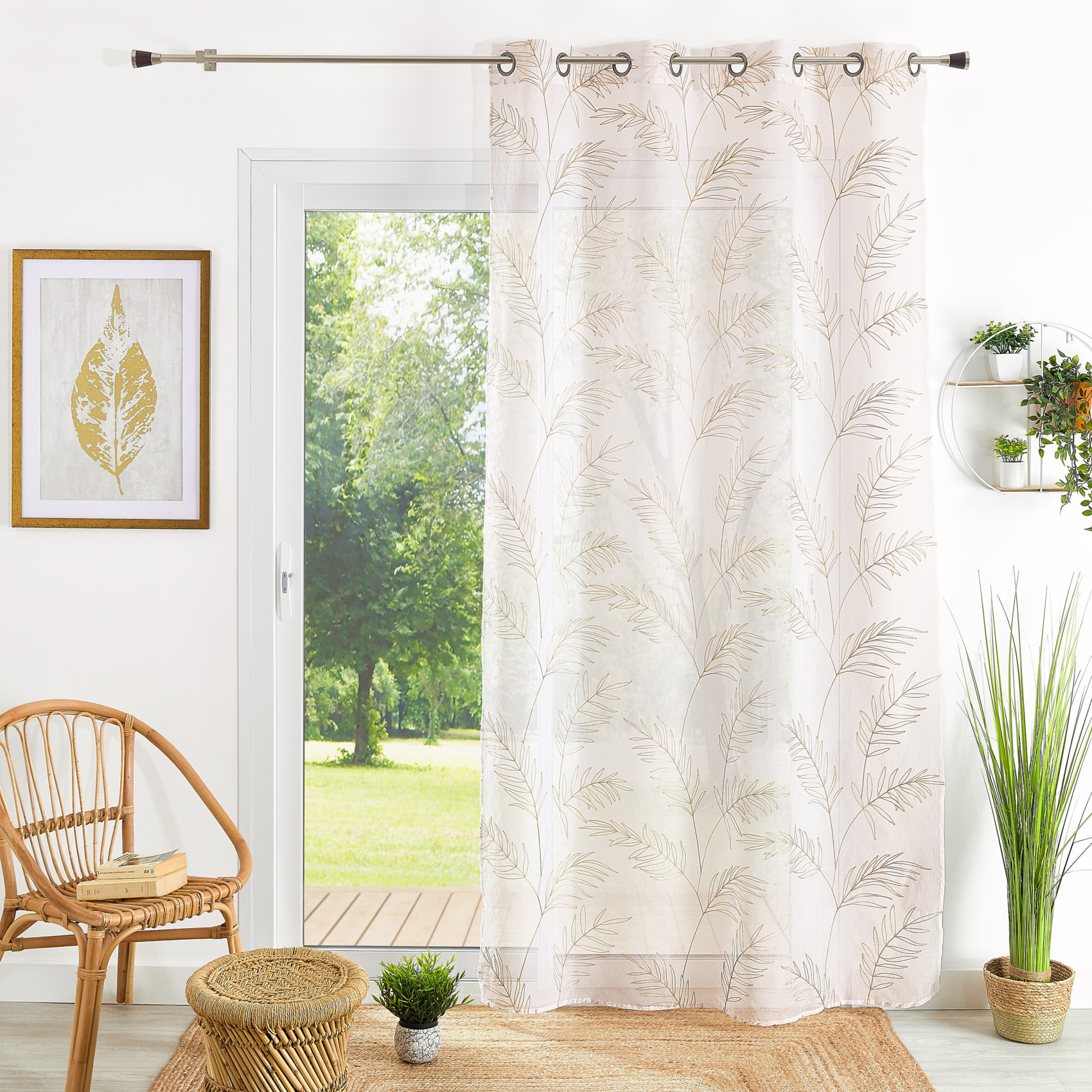 Voilage brodé motif feuilles - Sable