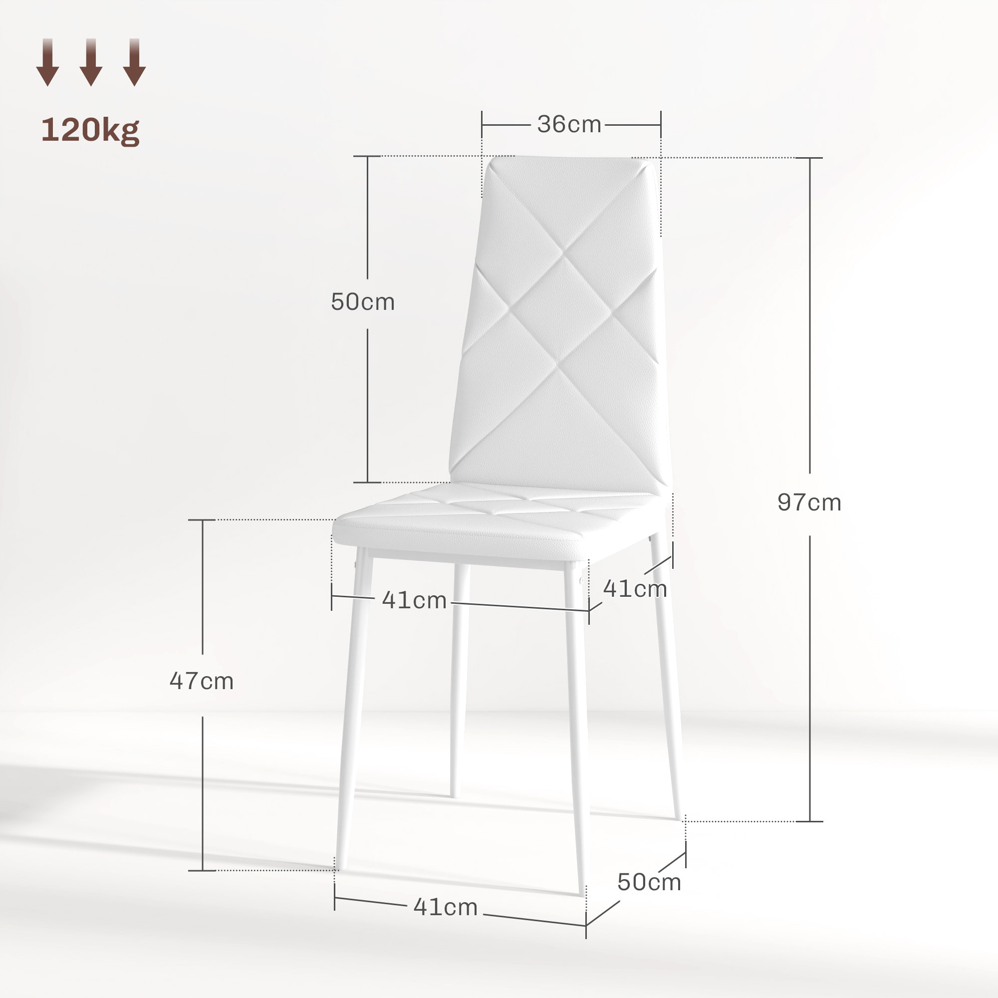 Pack de 6 Sillas de Comedor, Sillas de Cocina Modernas, Tapizadas de Cuero Sintético, Respaldo Alto, Asiento Acolchado, Patas de Acero, Blanco
