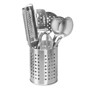 Set di 7 utensili da cucina in acciaio inossidabile.