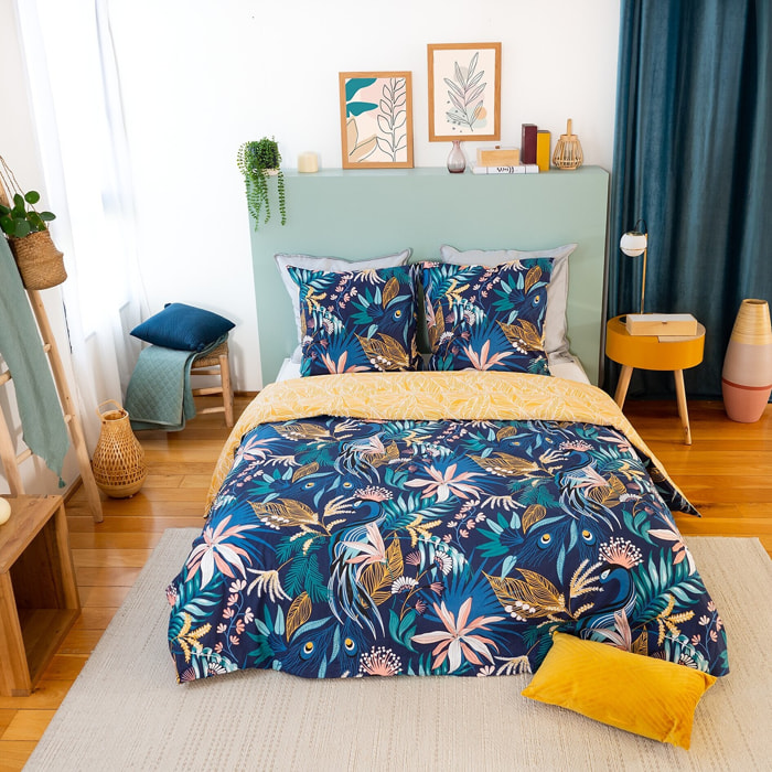 Parure housse de couette coton bleu fonce