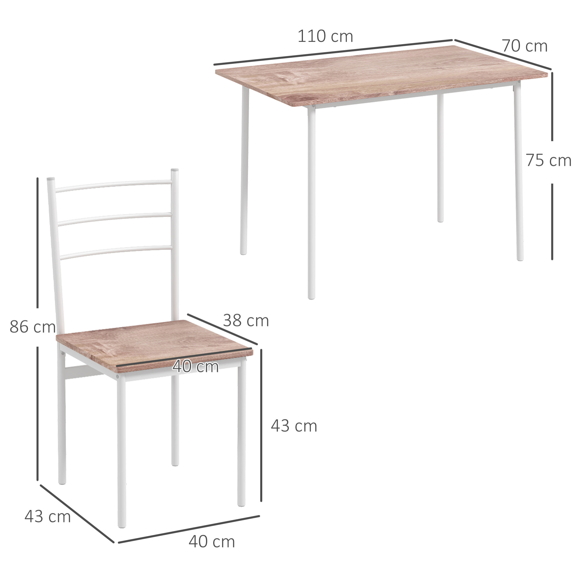 Conjunto de Comedor 5 Piezas Juego de 1 Mesa y 4 Sillas con Pies Acero para Cocina Restaurante 110x70x75 cm Madera Natural y Blanco