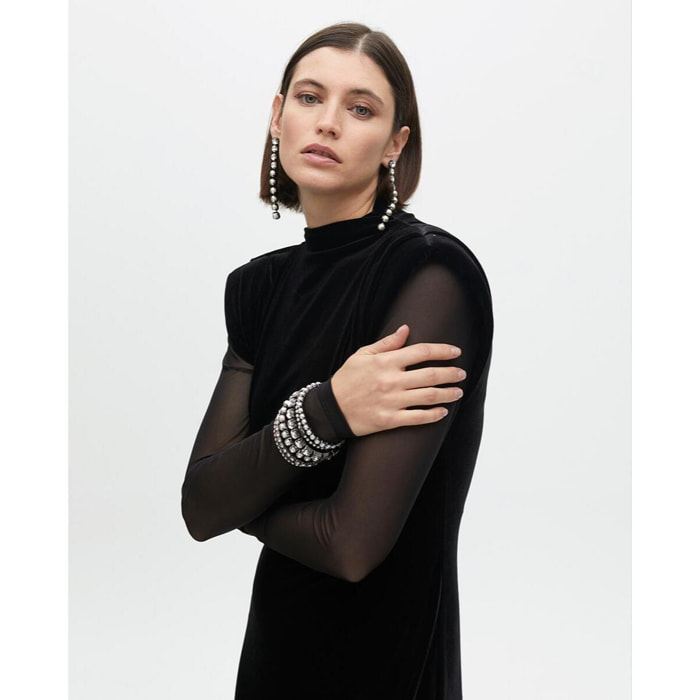 Vestito Lungo di Velluto con Maniche Trasparenti