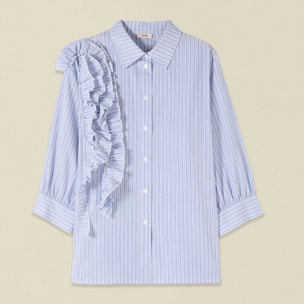 Oltre - Camicia over in popeline con volant - Azzurro
