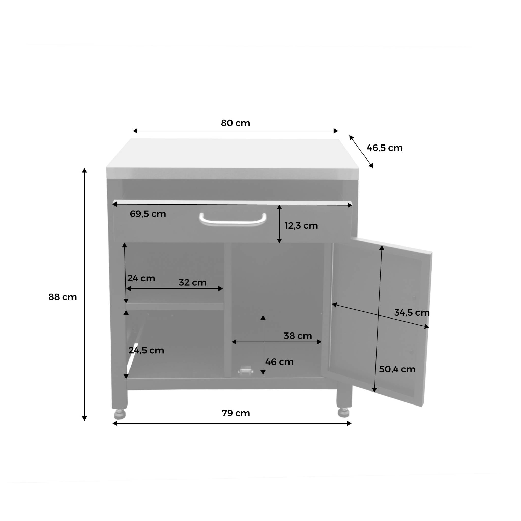 Meuble de cuisine extérieure en acier L80cm avec 1 tiroir. 1 porte et 2 étagères de rangement