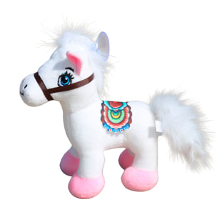 Peluche extrasuave y mullido con ventosa. Diseño pony con silla de montar. 17 cm.
