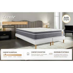 Ensemble Matelas Trente - 30cm - Ressorts ensachés et mémoire de forme - Confort hôtelier - Sommier kit Blanc