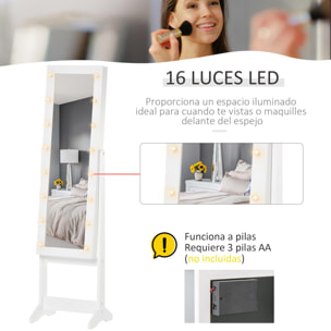 Joyero de Pie con Espejo Luz LED de Madera 36x30x136cm Blanco