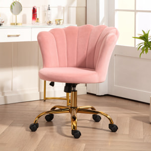 Chaise bureau velours design coquillage piètement acier doré rose poudré