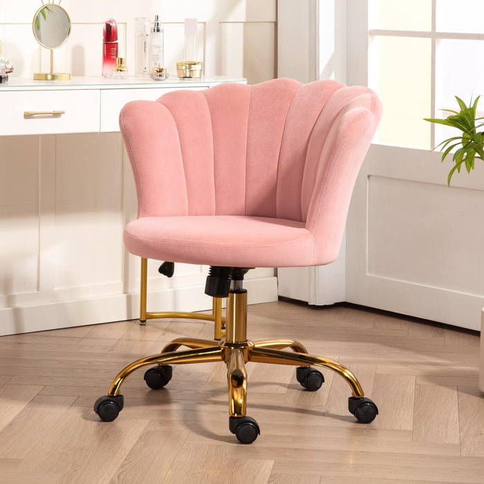Chaise bureau velours design coquillage piètement acier doré rose poudré