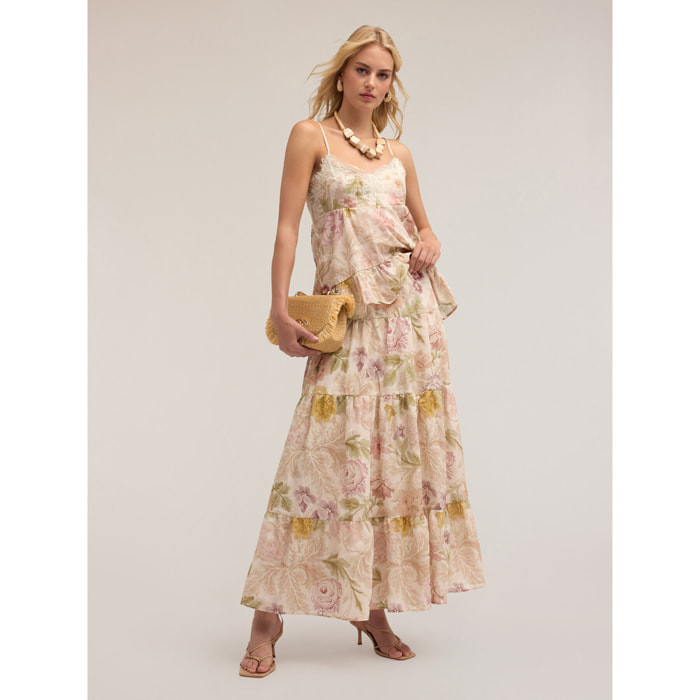 Motivi - Falda larga con volantes estampado floral - Rosa cipria