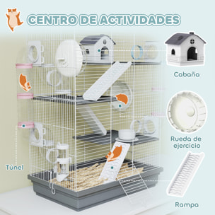 Jaula para Hámster, 47x30x70 cm, Casa para Animales Pequeños con Túnel, Plataformas, Cuenco, Bebedero, Casita, Rampas y Rueda de Ejercicio, para Hámsteres Enanos, Jerbos, Gris