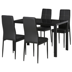 Conjunto de Comedor de Mesa y 4 Sillas 5 Piezas Juego de Muebles de Cocina Mesa Rectangular de Vidrio Templado y Sillas Tapizadas en PU con Patas de Metal Negro