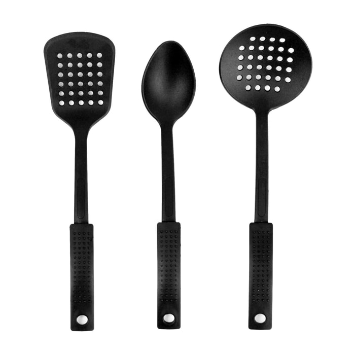 Set de 3 utensilios de cocina San Ignacio Dots en color negro (espátula ranurada, cuchara y espumadera)