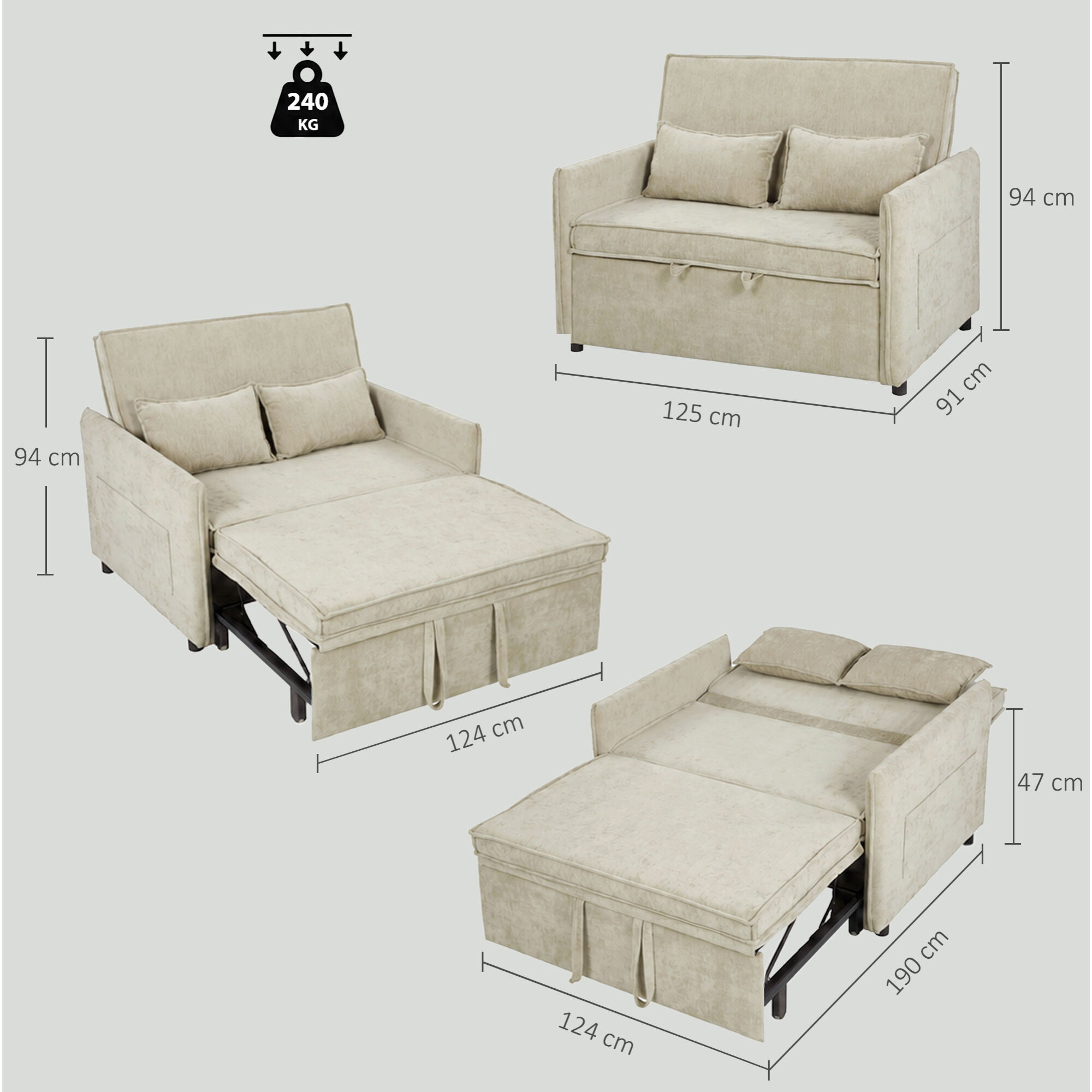 Canapé convertible 2 places dossier inclinable 5 niv. tissu chenille beige