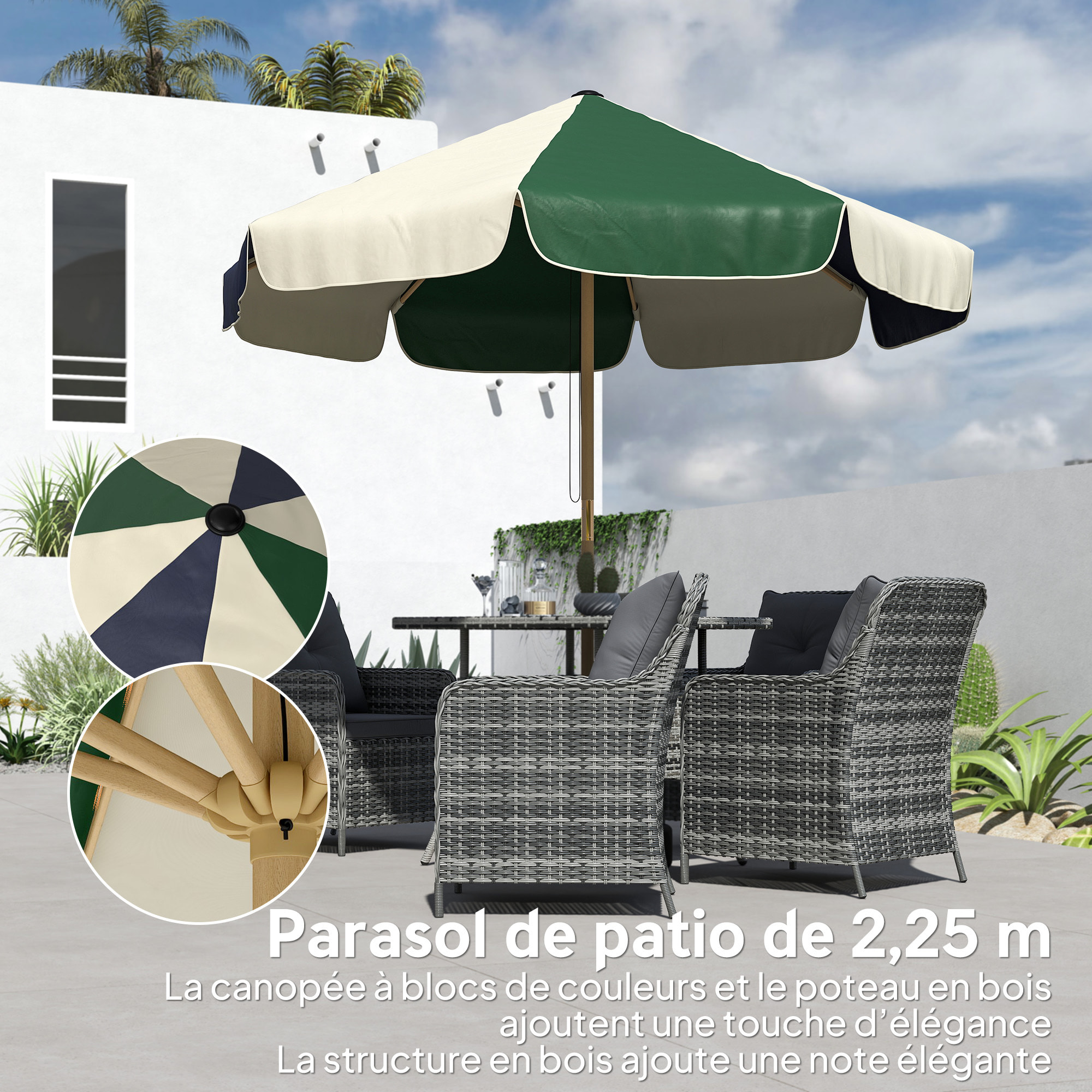 Parasol de jardin UPF30+ style rétro effet bois dia. 226 cm