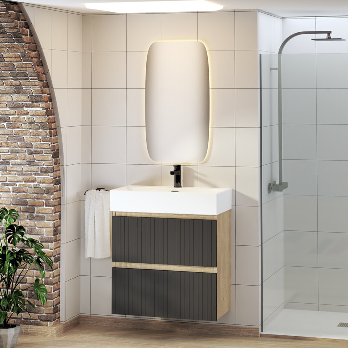 Ensemble de Salle de Bain Zel | Meuble Suspendu | 70 cm Noir | Deux Tiroirs | Lavabo Encastré | Miroir non inclus | Meuble Monté | Alday