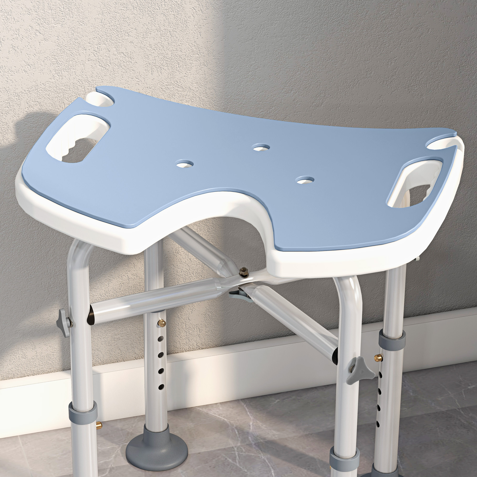 Tabouret de douche - siège de douche avec barre d'appui ventouse - hauteur réglable - alu HDPE bleu clair blanc