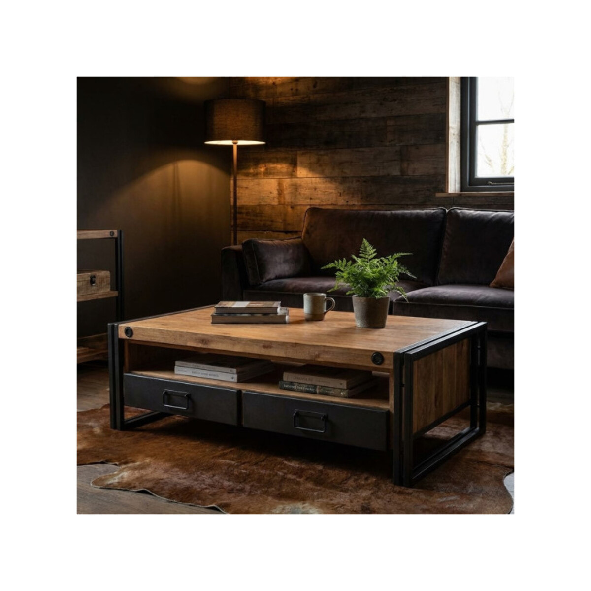 Table basse en acacia et métal style industriel - ATELIER