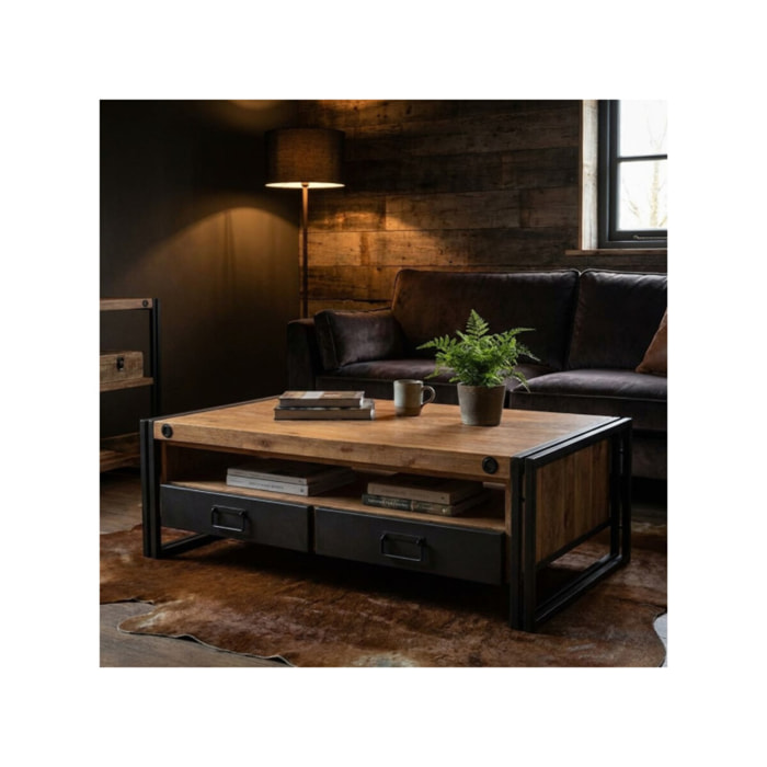 Table basse en acacia et métal style industriel - ATELIER