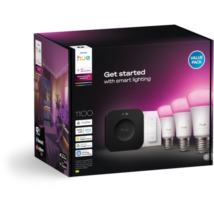 Pack PHILIPS HUE 3 ampoules E27 75W+TLC+Pont
