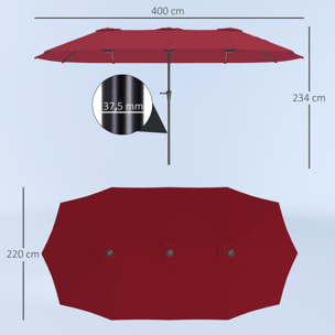 Parasol de jardin grande taille 4 x 2,2 x 2,3 m manivelle métal époxy tissu haute densité 180 g/m² bordeaux