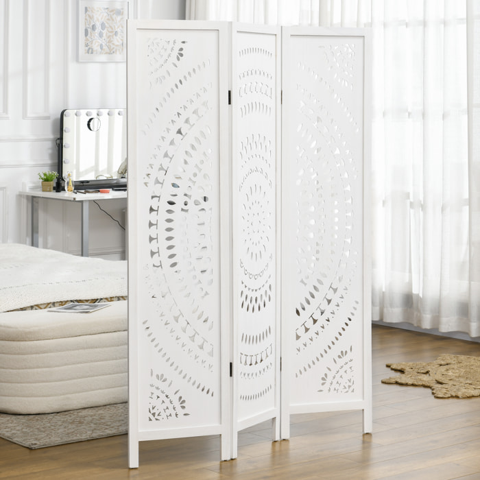 Biombo Plegable de 3 Paneles de Madera, 120x170 cm, Biombo Separador de Ambientes con Patrones Tallados Elegantes, Decoración para Dormitorio, Salón, Blanco